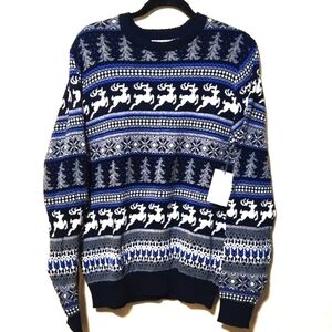 NEW! Aspen Fair Isle 100% Cotton Crewneck Navy Winter Sweater Men's Size Medium